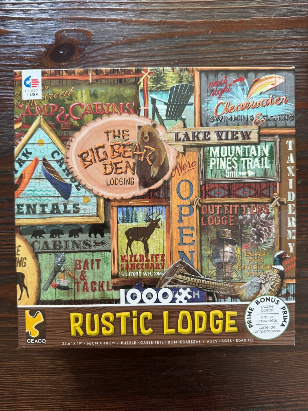 Ceaco "Rustic Lodge" 1000 piece puzzle complete Lake fishing camping cabin bear